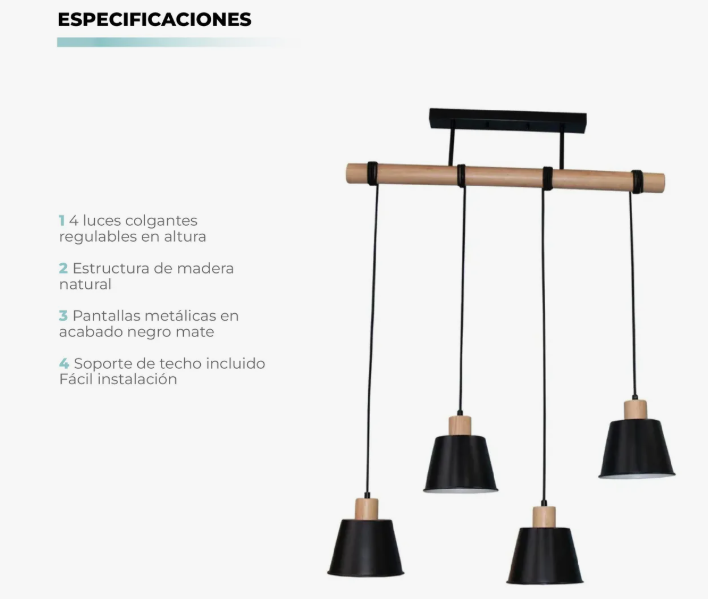 Miniatura 2 de Lámpara Colgante Marca 4 Luces E27 Negra